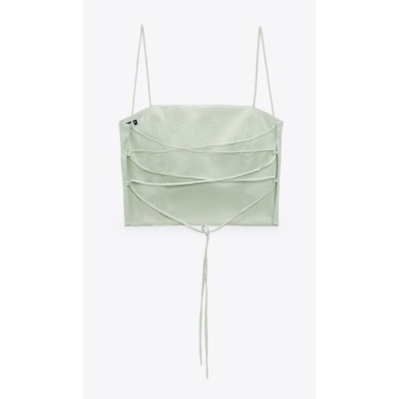 Zara XS Flowy Crop Top Mint Green Strappy Lace Up Back Square Neck New - Picture 5 of 16